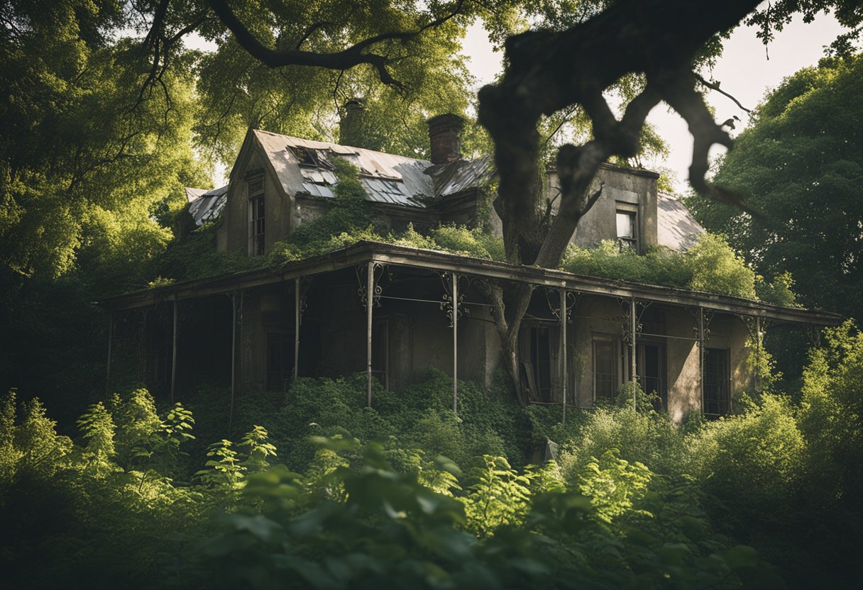 A dilapidated asylum with barred windows, overgrown gardens, and a broken sign reading "House of Fools." A lone crow perched on a twisted tree branch, casting a shadow over the desolate scene