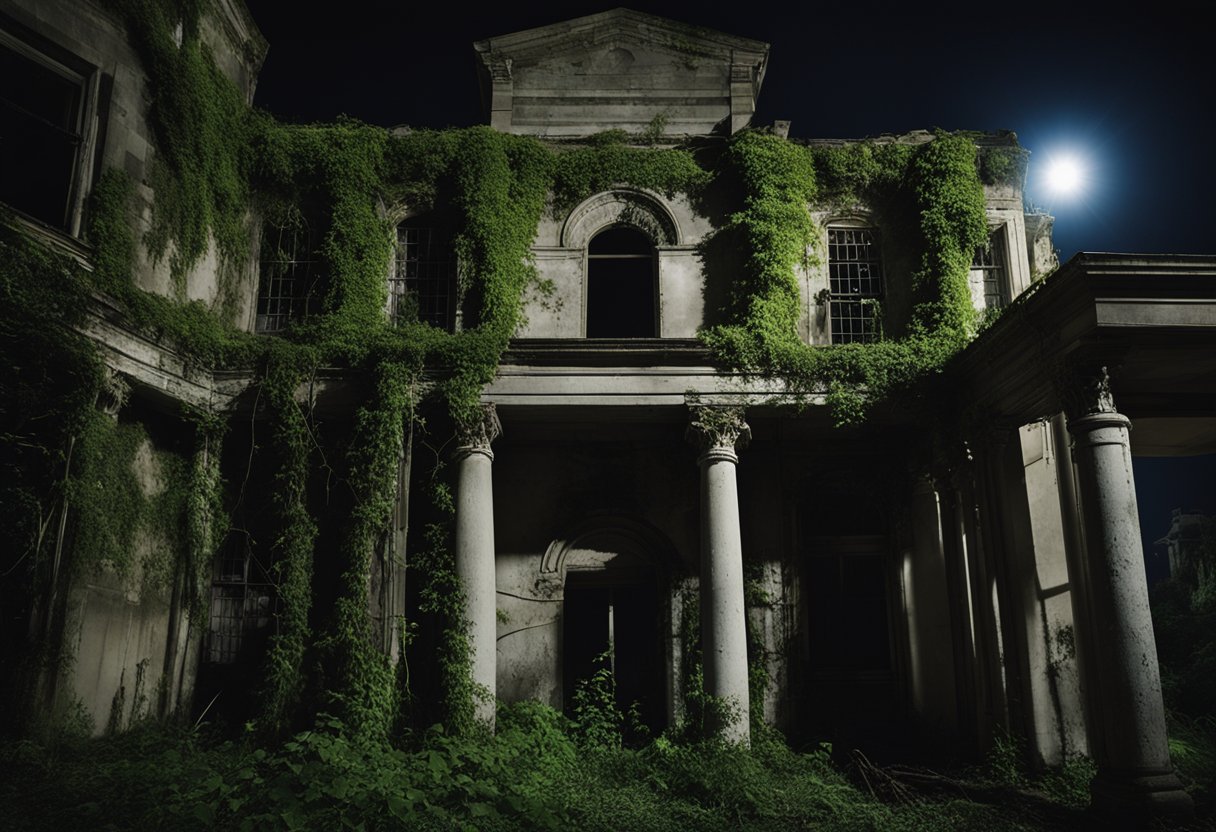 A dilapidated asylum looms in the moonlit night, with overgrown vines snaking up the walls and broken windows casting eerie shadows