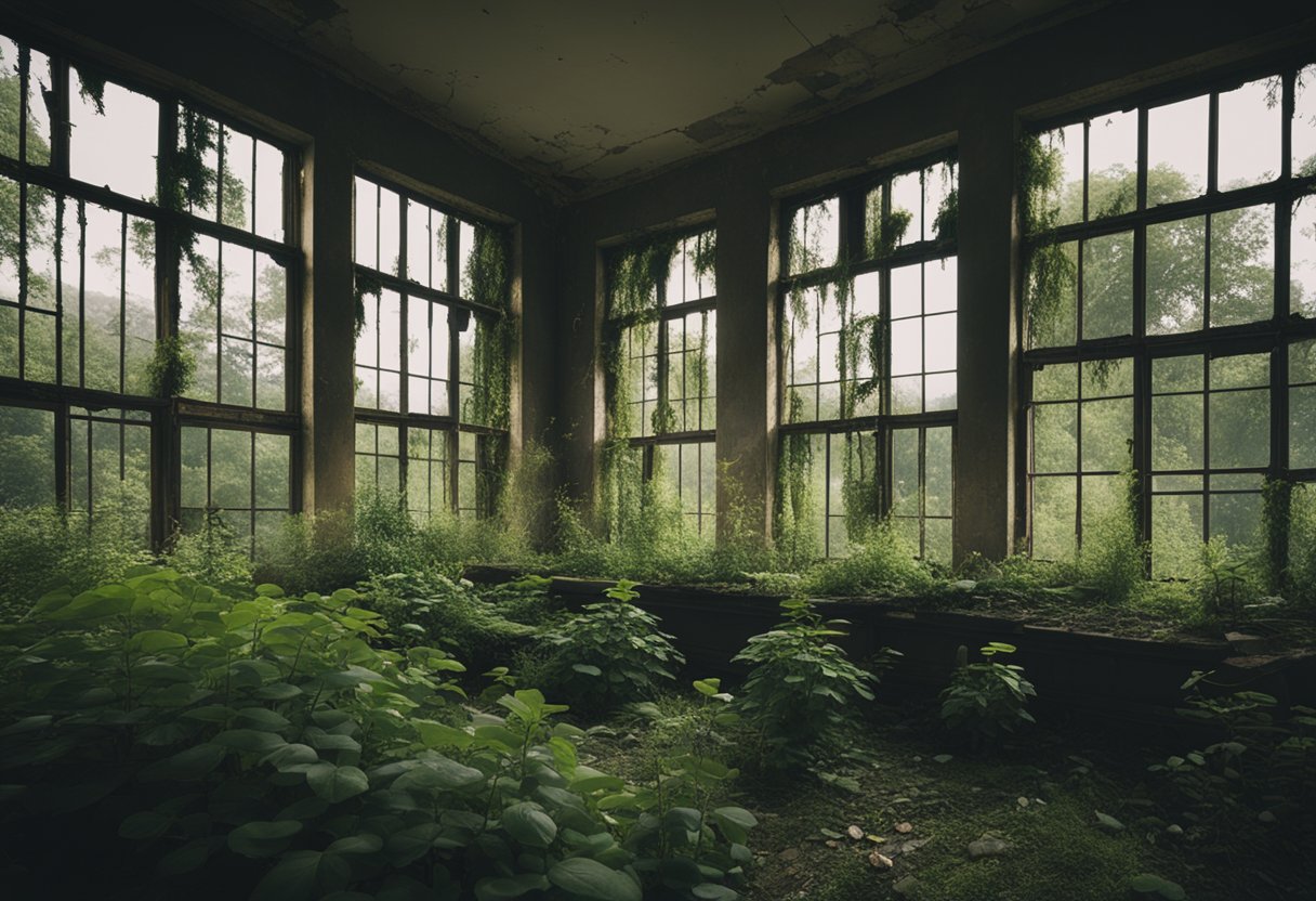 A dilapidated asylum with overgrown gardens and broken windows, surrounded by a desolate landscape, evoking a sense of abandonment and melancholy