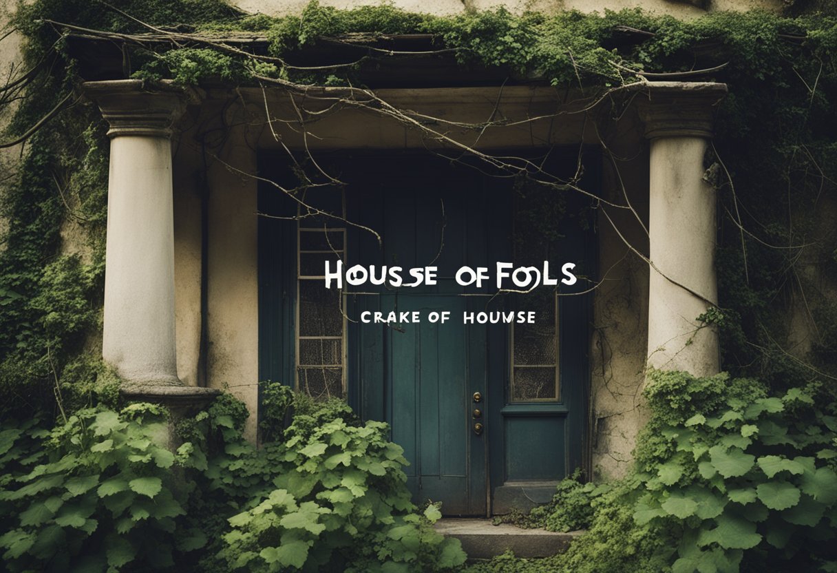 A dilapidated house with overgrown vines, broken windows, and a sense of chaos. A sign reading "House of Fools" hangs crookedly above the entrance, setting the tone for the poignant portrayal of madness and humanity within