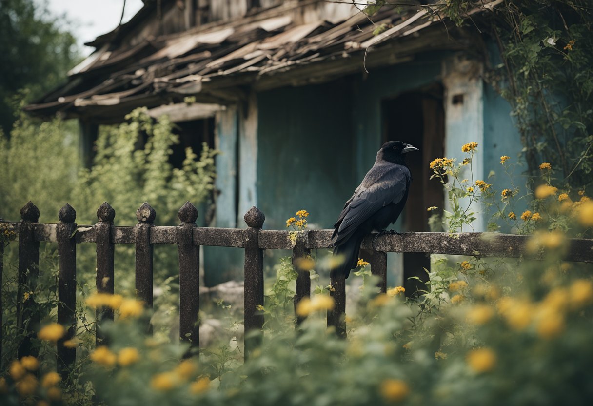 A dilapidated house with crooked windows and peeling paint, surrounded by overgrown weeds and wilted flowers. A lone crow perched on the rusted gate, cawing into the desolate silence