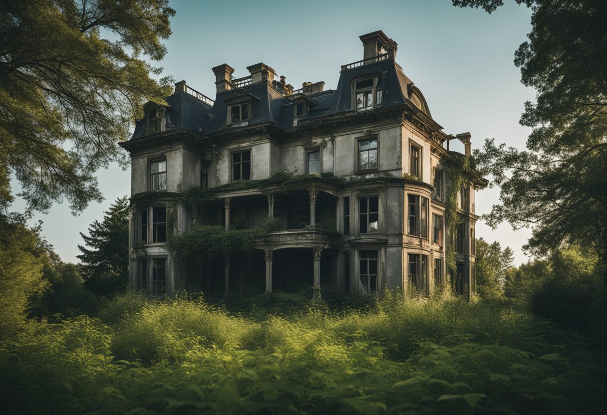 A dilapidated mansion stands in a desolate landscape, its windows boarded up and its roof sagging. The overgrown garden and eerie silence convey a sense of abandonment and decay