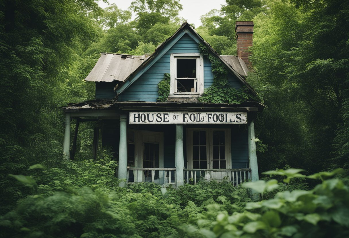 A ramshackle house with a crooked sign reading "House of Fools." Overgrown garden, broken windows, and a sense of both madness and humanity