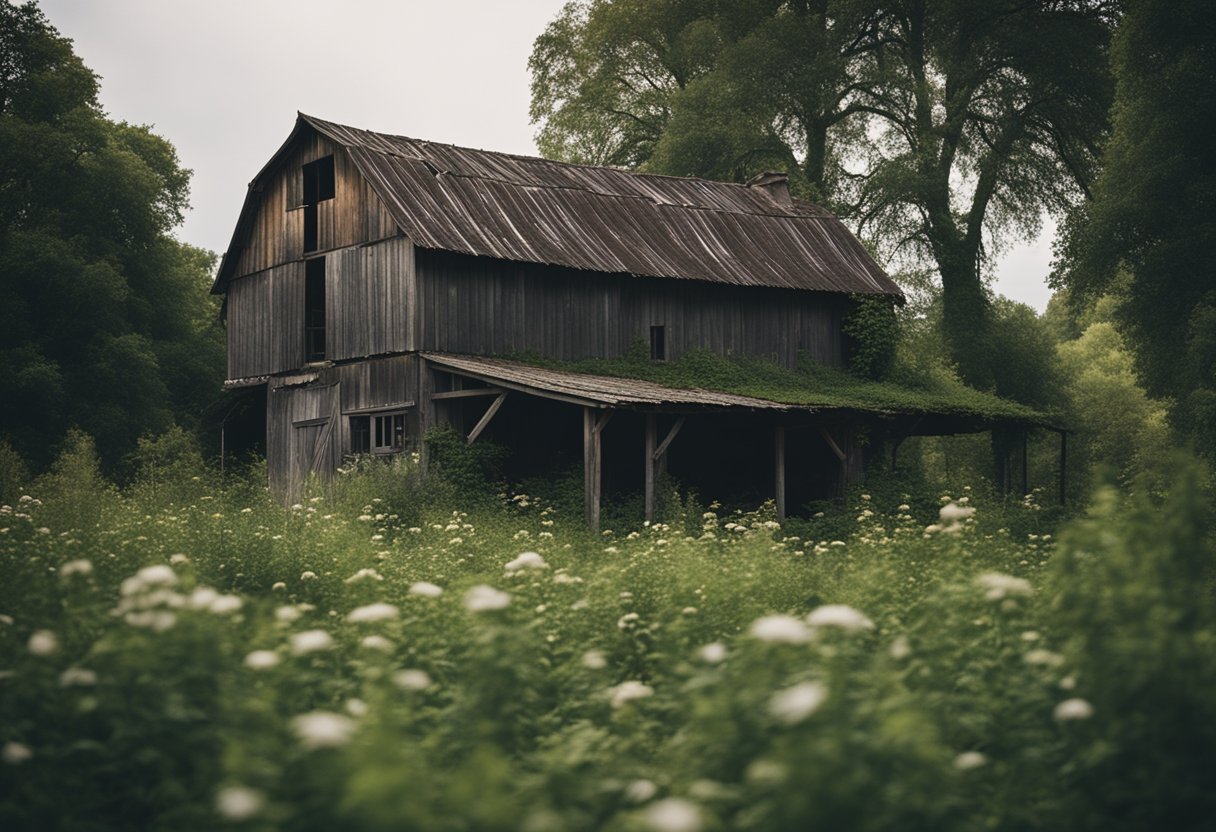 A rustic country estate with a dilapidated barn, overgrown gardens, and a sense of melancholy lingering in the air