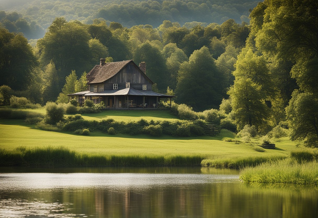 The serene countryside setting of 'Uncle Vanya' with a rustic farmhouse, rolling hills, and a tranquil pond