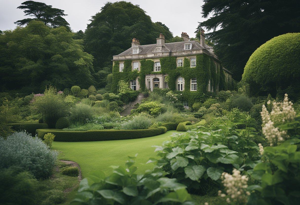 A lush, overgrown garden surrounds a weathered country estate, with the main house looming in the background. The atmosphere is heavy with a sense of stagnation and unfulfilled longing