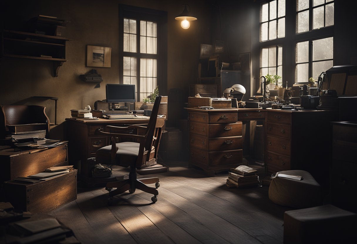 A rustic, dimly lit room with worn furniture and a cluttered desk. A sense of melancholy and frustration hangs in the air, as if the space is weighed down by unspoken burdens