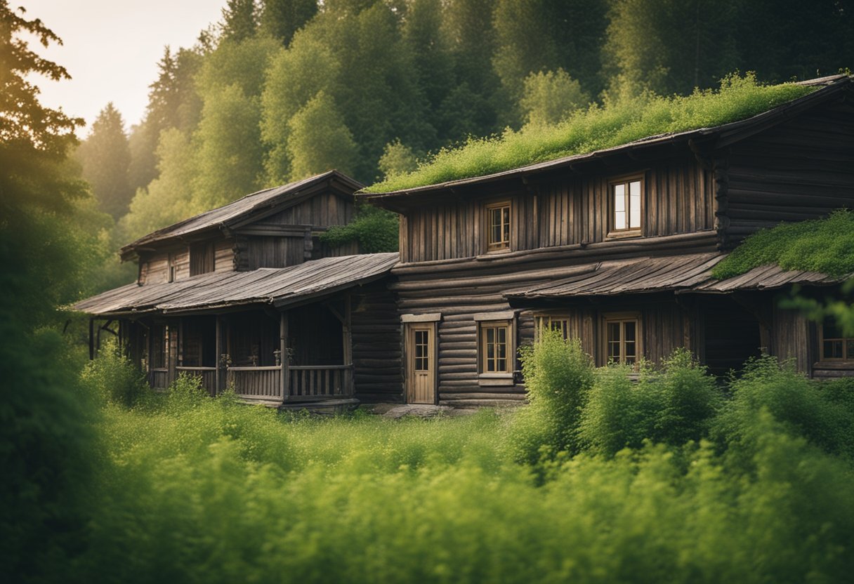 A rustic Russian estate with weathered wooden buildings surrounded by lush greenery and a serene countryside backdrop