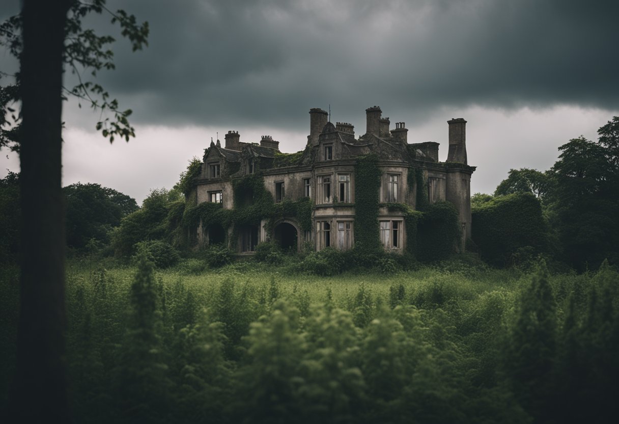 A rustic countryside setting with a dilapidated estate, overgrown gardens, and a sense of melancholy. The weather is dreary, with dark clouds looming overhead, reflecting the somber mood of the play