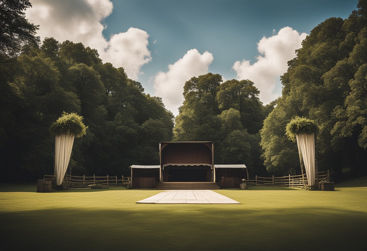 The stage is set with a rustic, country estate backdrop. The atmosphere is filled with a sense of longing and despair, as if time has stood still in this remote setting