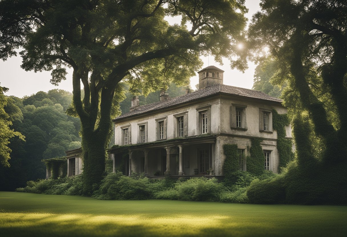 A rustic country estate, surrounded by lush greenery and tall trees, with a sense of tranquility and isolation. The aging buildings exude a sense of faded grandeur, hinting at a bygone era