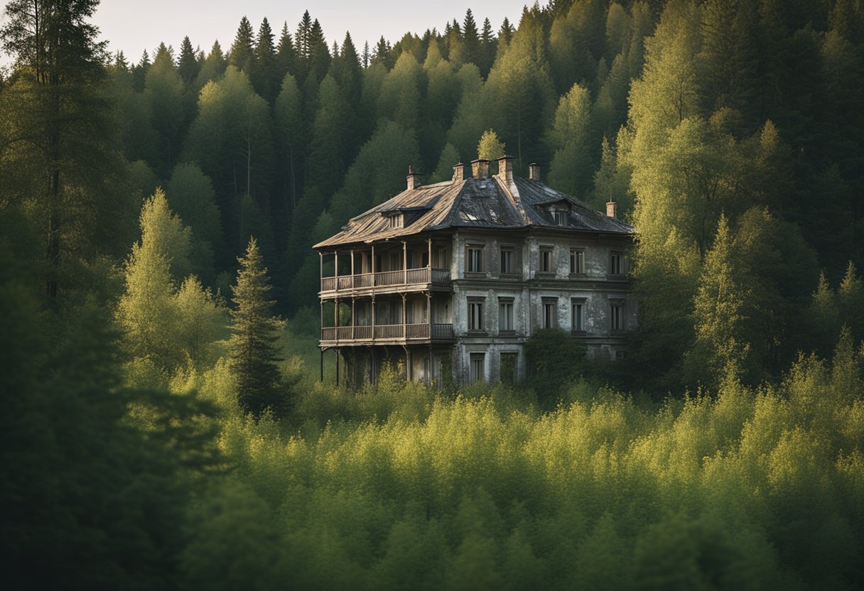 A rustic Russian countryside setting with a dilapidated country estate, surrounded by tall trees and overgrown vegetation. The scene exudes a sense of melancholy and isolation, capturing the essence of Chekhov's timeless drama