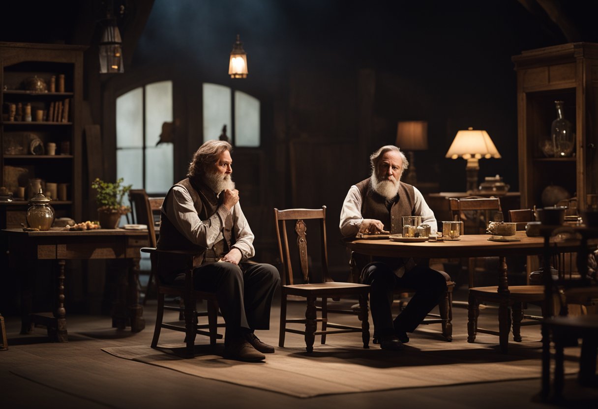 Uncle Vanya play setting with rustic furniture, dim lighting, and a melancholic atmosphere