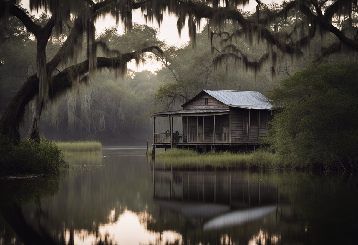 Misty bayou at dusk, Spanish moss hanging from trees, dilapidated cabin in the distance, eerie silence, and a sense of isolation