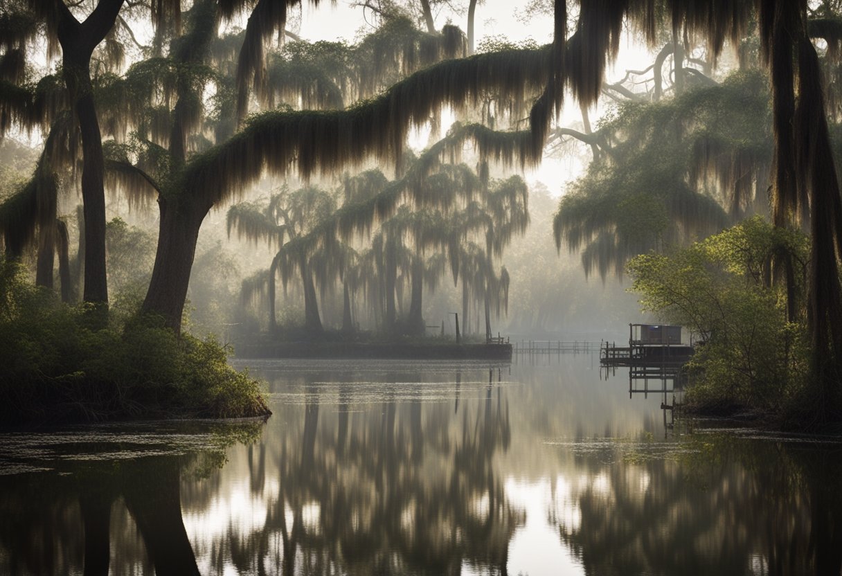 A misty bayou with Spanish moss-draped trees, reflecting in the still water. A dilapidated shack sits in the distance, surrounded by dense foliage