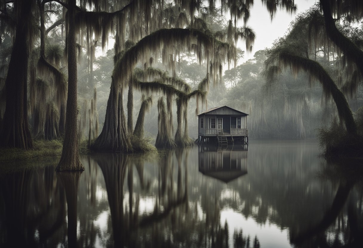 A misty bayou with looming cypress trees, Spanish moss hanging from their branches. A small, dilapidated cabin sits on the edge of the water, surrounded by eerie silence