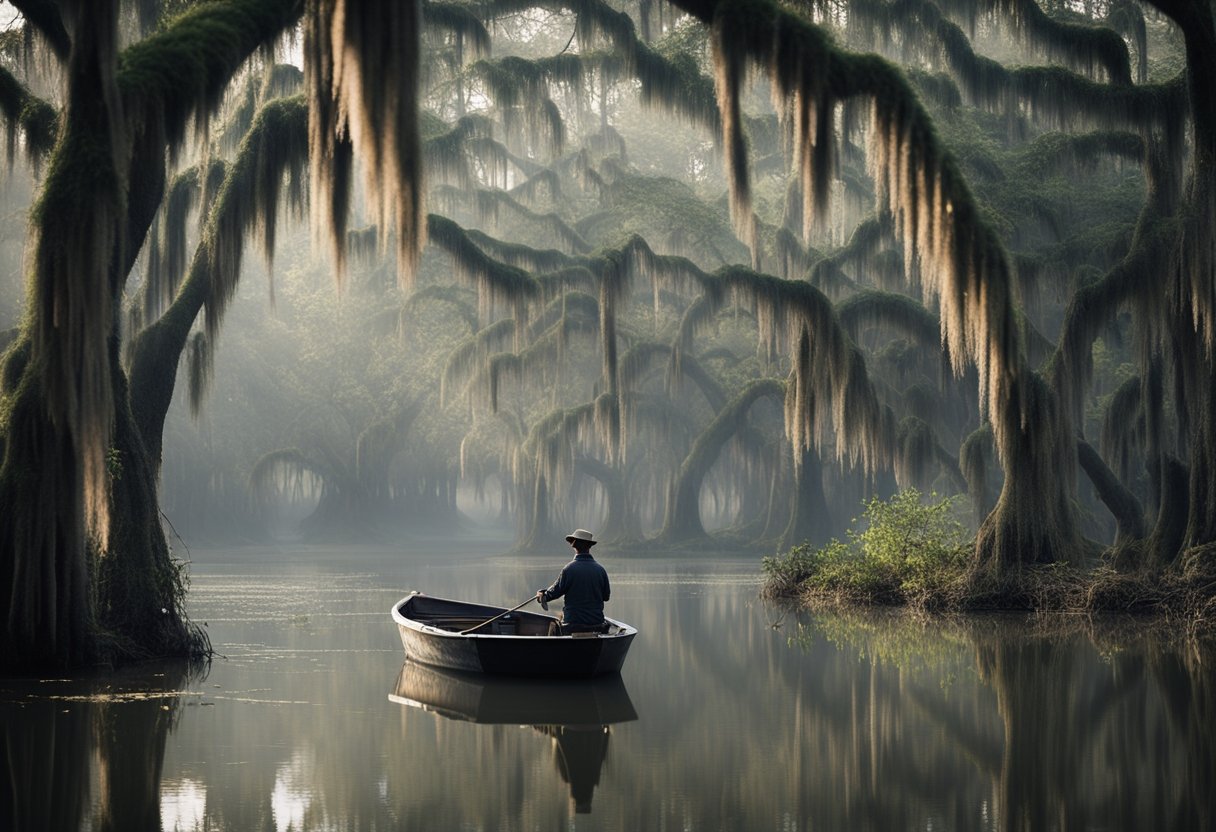 A misty bayou with Spanish moss-draped trees, dilapidated shacks, and a lone figure navigating the murky waters in a small boat