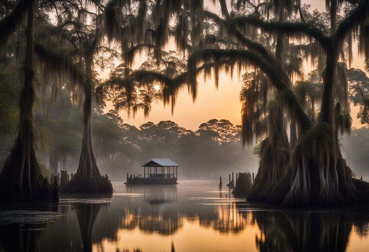 A misty bayou at dusk, with Spanish moss-draped trees and a lone cabin nestled among the cypress knees. A sense of isolation and mystery pervades the scene