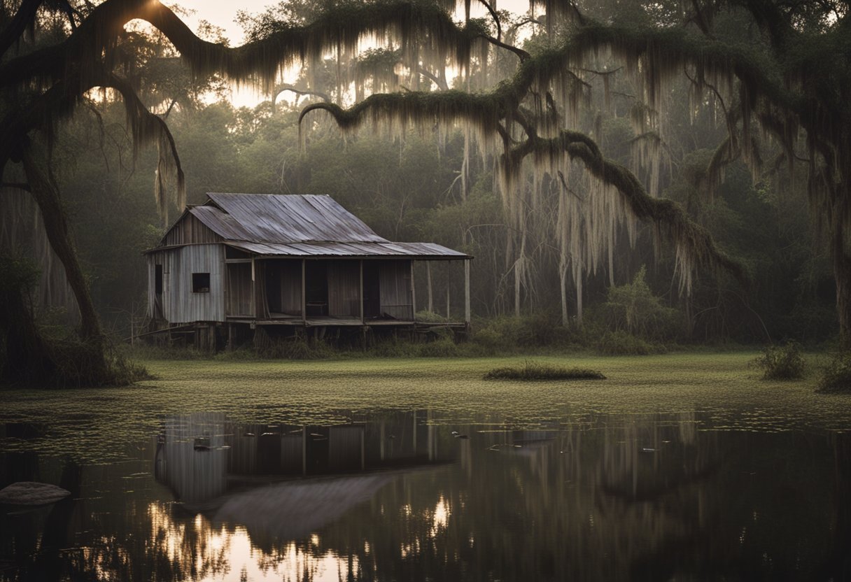 A misty bayou at dusk, with Spanish moss hanging from the trees and a dilapidated old shack in the background. The water is still and reflects the fading light