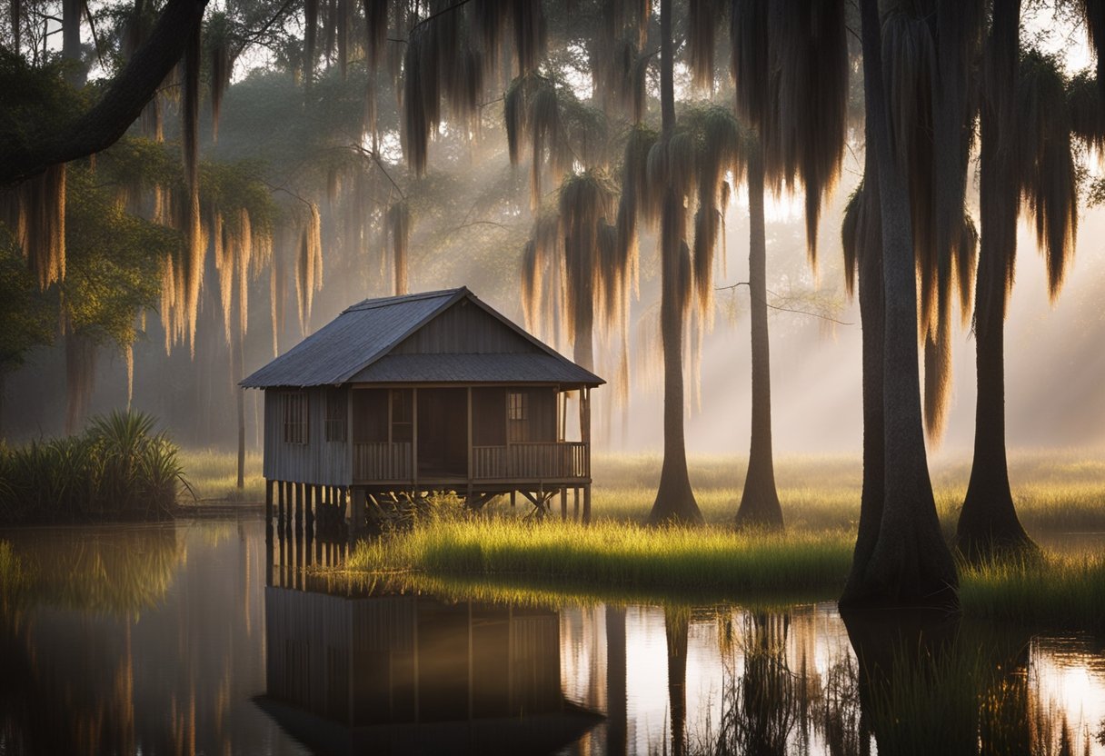 A misty bayou at dusk, with Spanish moss hanging from the trees and the sound of cicadas filling the air. A small wooden shack sits nestled among the reeds, its windows glowing with warm light