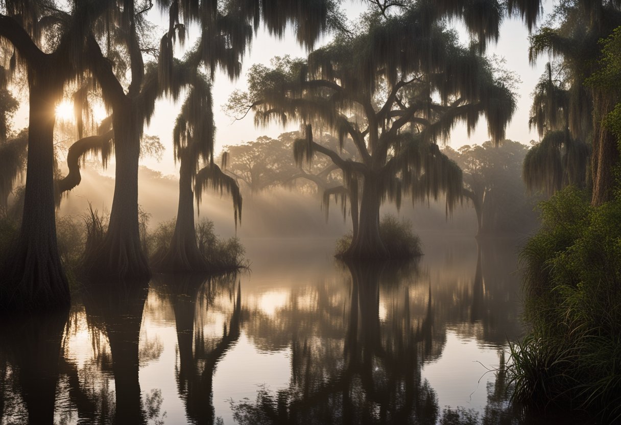 A foggy Louisiana bayou at dusk, with Spanish moss-draped trees and murky waters reflecting the fading light