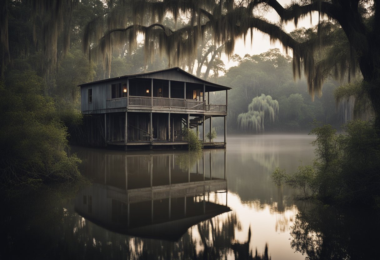 A misty bayou at dusk, with Spanish moss hanging from the trees and the sound of cicadas in the air. A dilapidated cabin sits on the water's edge, surrounded by overgrown vegetation