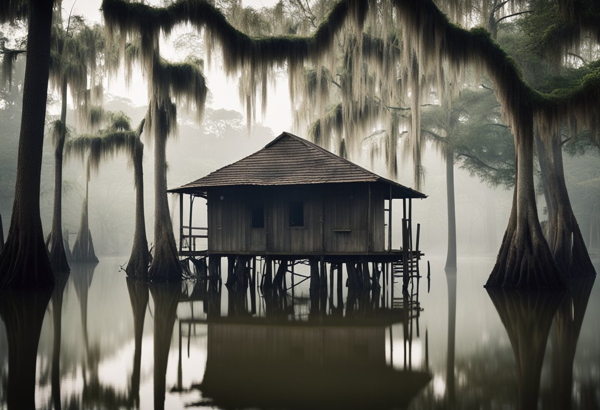 A misty bayou with towering cypress trees, draped in Spanish moss. A dilapidated shack sits on stilts, surrounded by murky waters. A sense of isolation and mystery permeates the scene