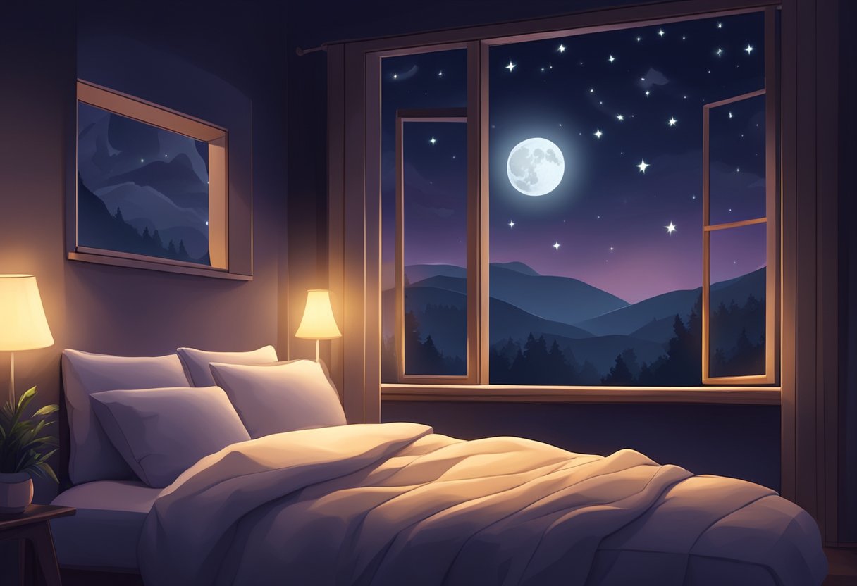 A cozy bed with a soft pillow and warm blanket, surrounded by peaceful, dark surroundings, with a glowing moon and stars outside the window
