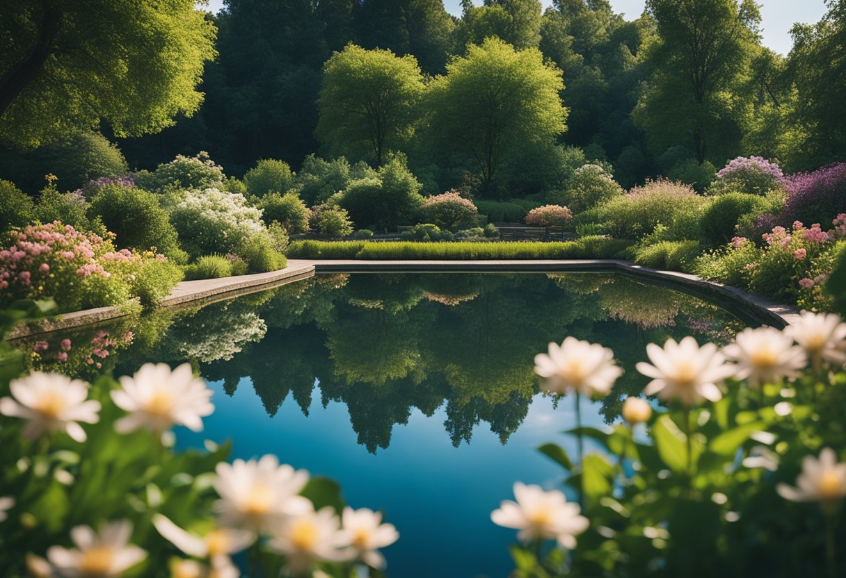 A serene garden with blooming flowers, lush foliage, and a tranquil pond reflecting the clear blue sky. A sense of peace and harmony permeates the scene