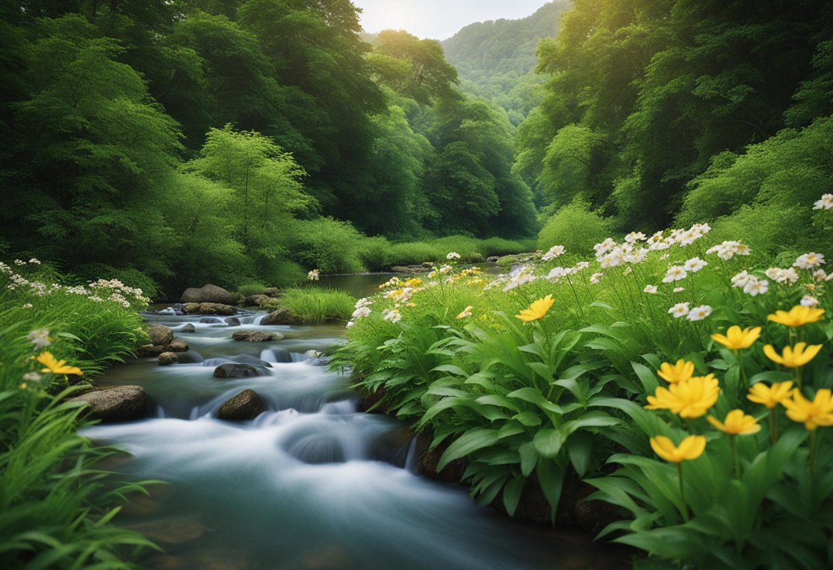 A serene, idyllic landscape with lush greenery, vibrant flowers, and a peaceful river flowing through, evoking a sense of tranquility and spiritual connection