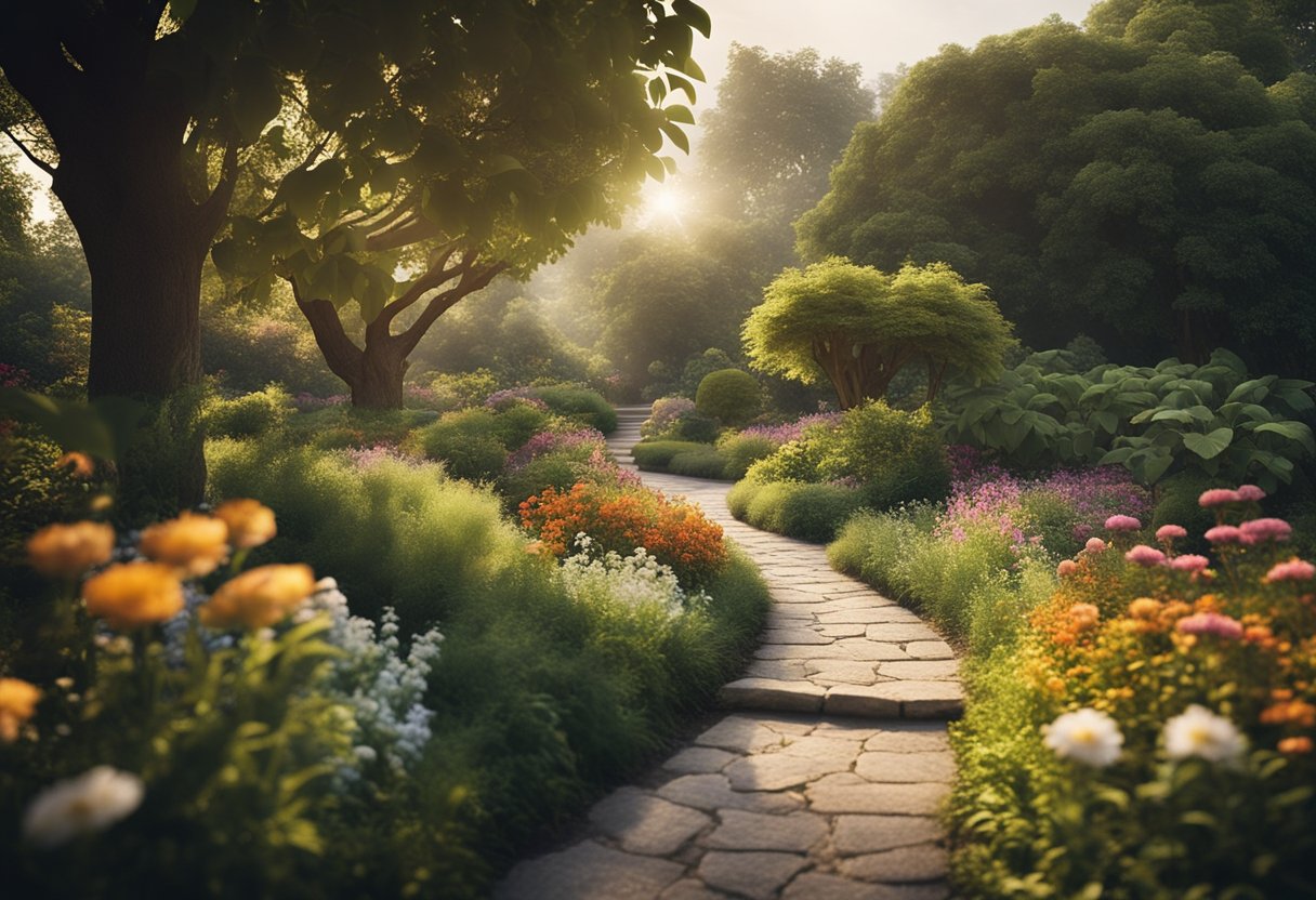 A serene garden with a winding path leading to a glowing, celestial structure surrounded by lush vegetation and vibrant flowers