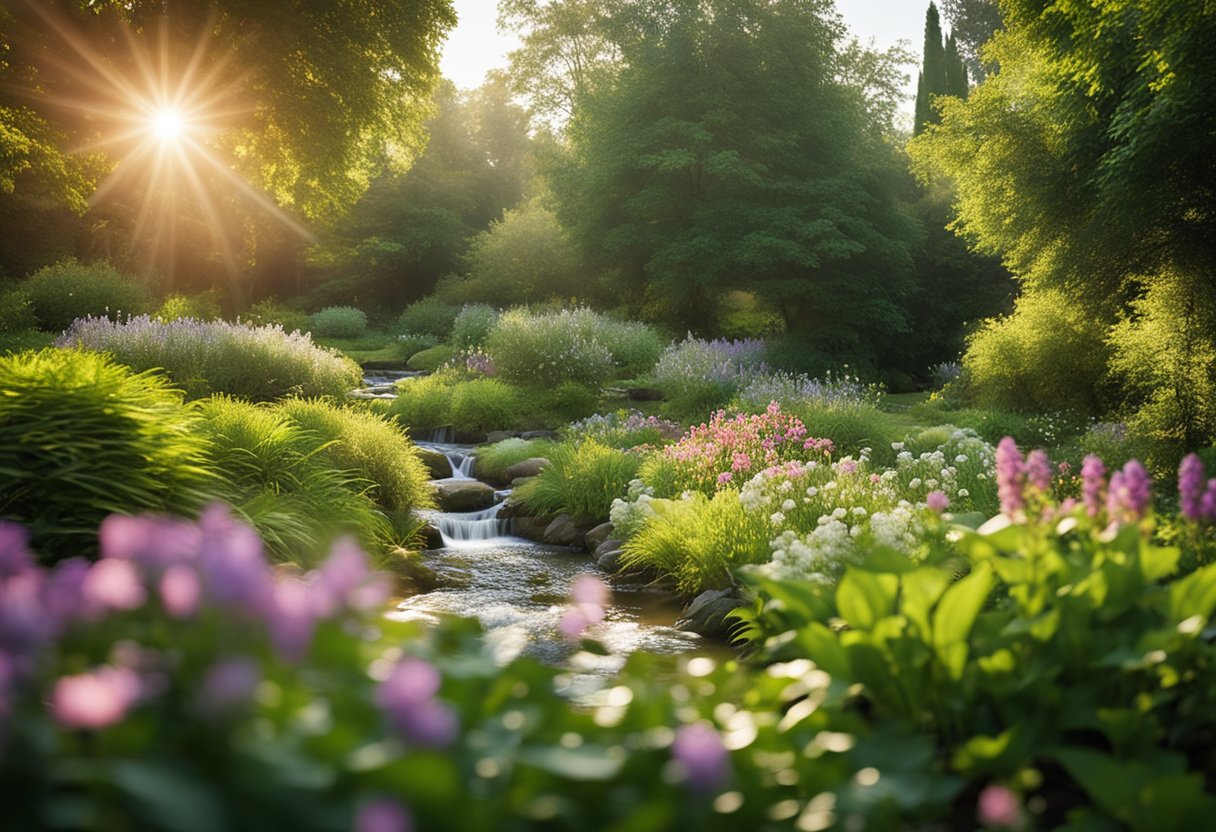 A serene garden with lush greenery, blooming flowers, and a flowing stream. A radiant sun shines in the sky, casting a warm and comforting light over the peaceful landscape