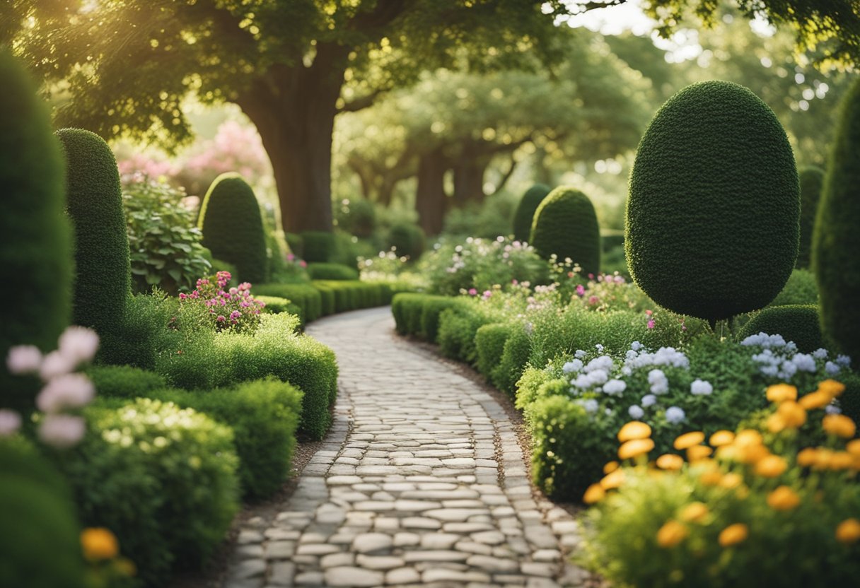 A serene garden with winding paths, lush greenery, and vibrant flowers. A sense of tranquility and contemplation permeates the air