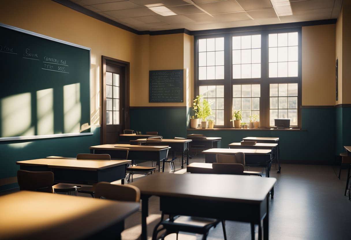 A classroom with a chalkboard, desks, and a teacher's desk at the front. Sunlight streams through the windows, casting long shadows on the floor