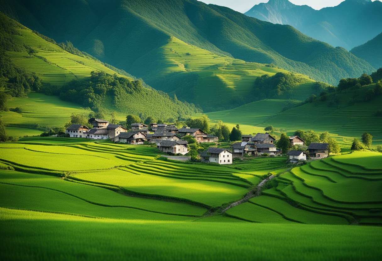 A small rural village with traditional houses and a rustic school building surrounded by lush green fields and mountains in the background