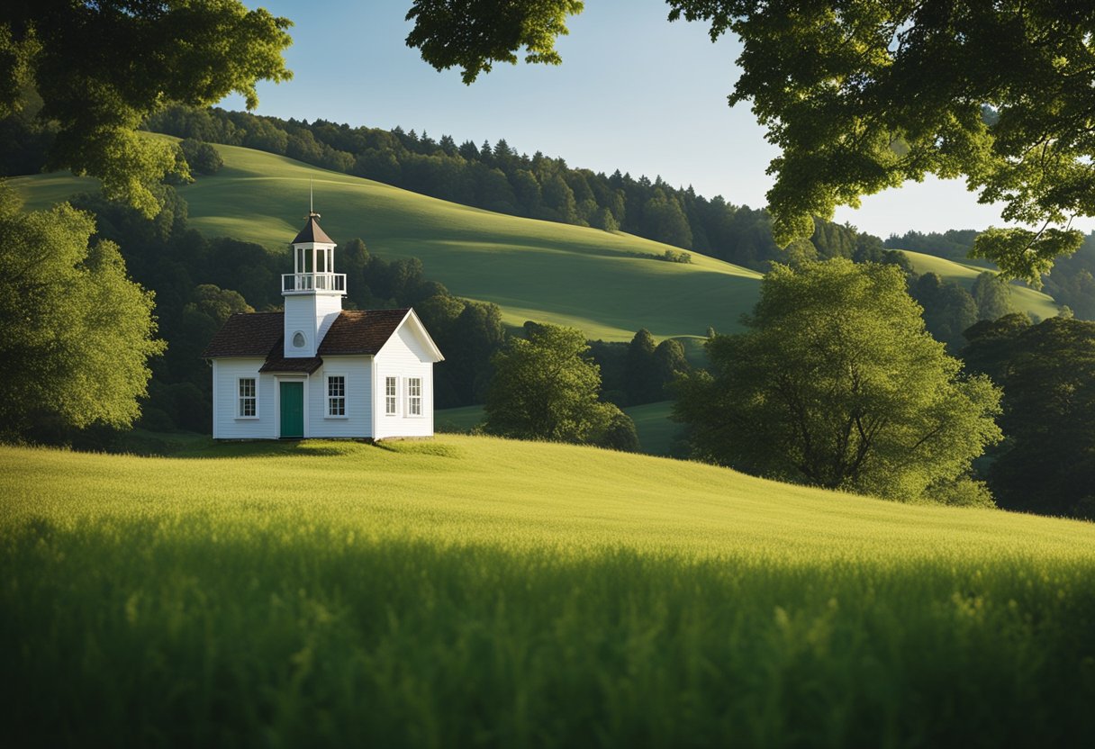 A serene countryside with a small rustic schoolhouse nestled among rolling hills, surrounded by lush greenery and a clear blue sky