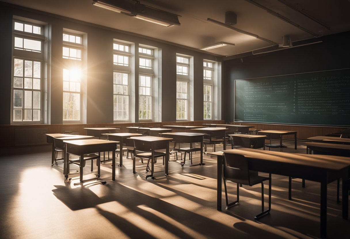 A classroom with a blackboard, desks, and books. Sunlight streams through the windows, casting long shadows. A sense of wisdom and knowledge fills the room