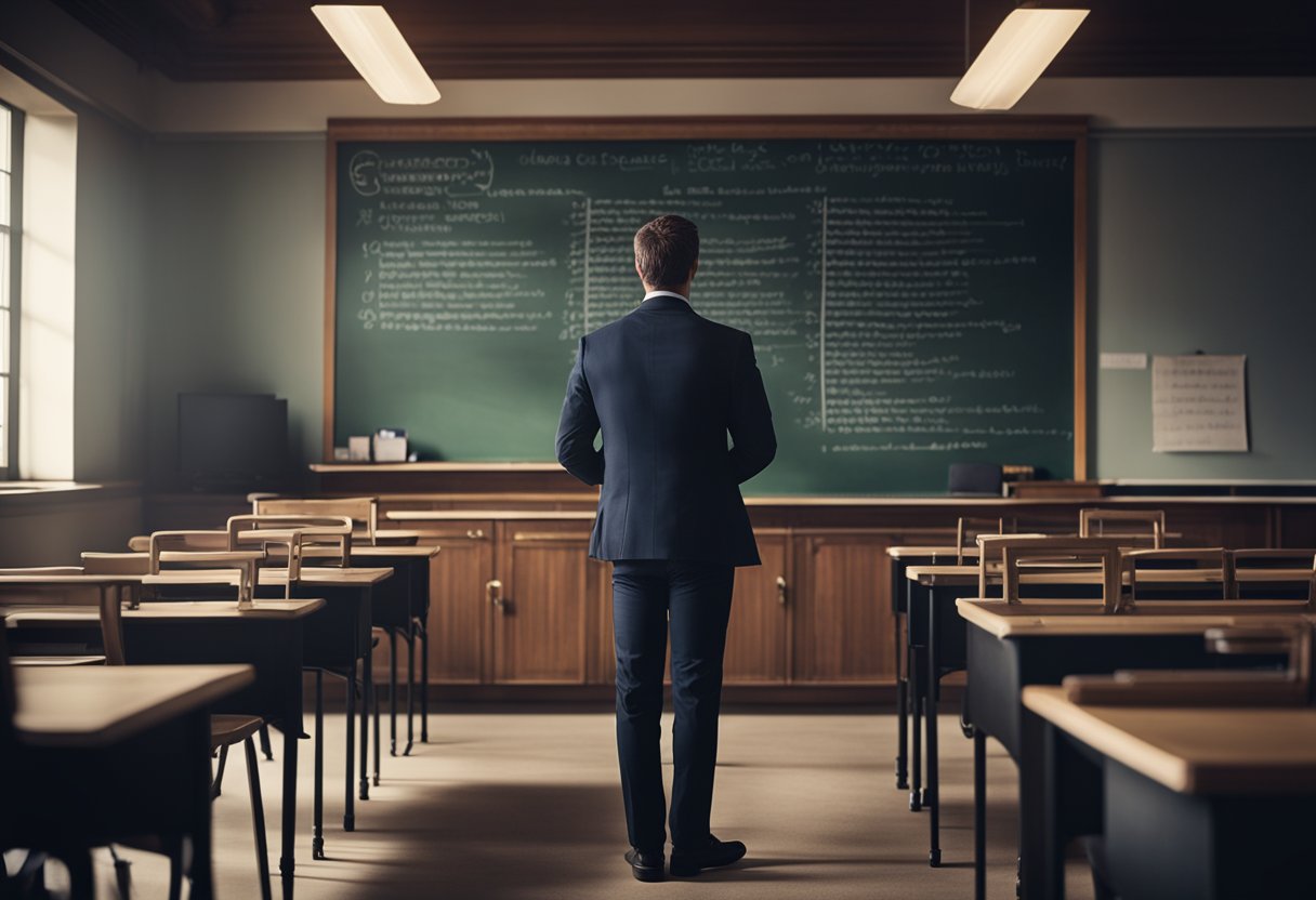 A classroom with a chalkboard, desks, and books. A wise figure imparts knowledge to eager students, symbolizing the importance of education and learning in life