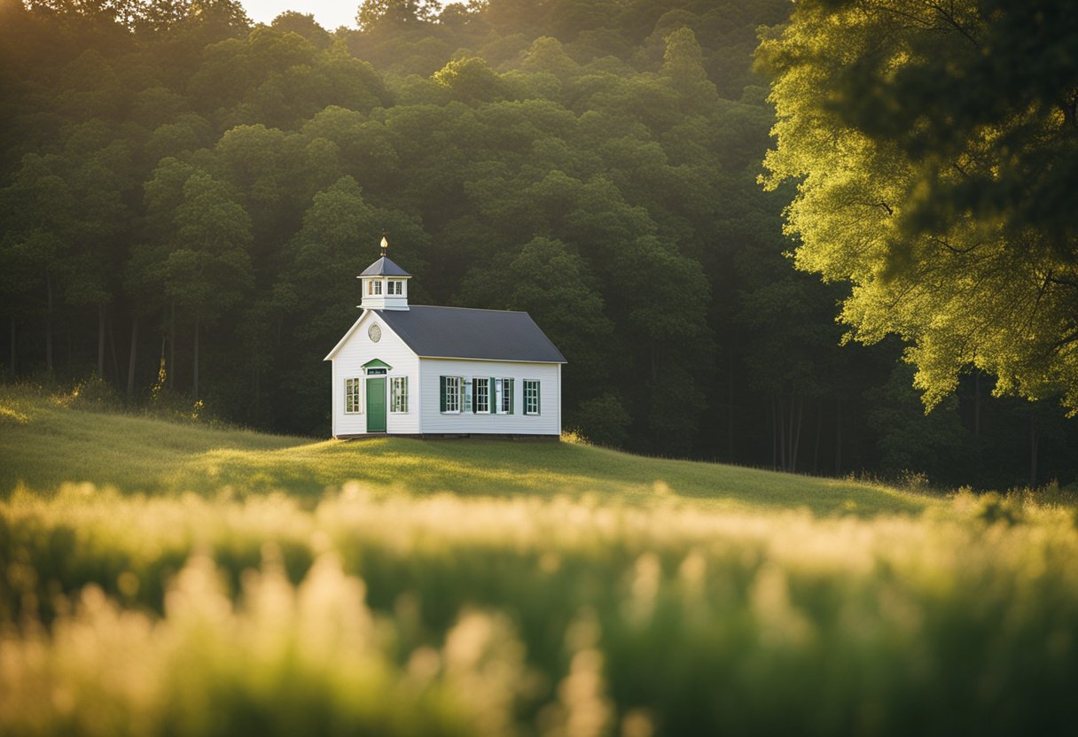 A serene countryside with a small schoolhouse nestled among lush greenery, with a gentle breeze swaying the surrounding trees and a warm, golden sunlight casting a soft glow over the scene