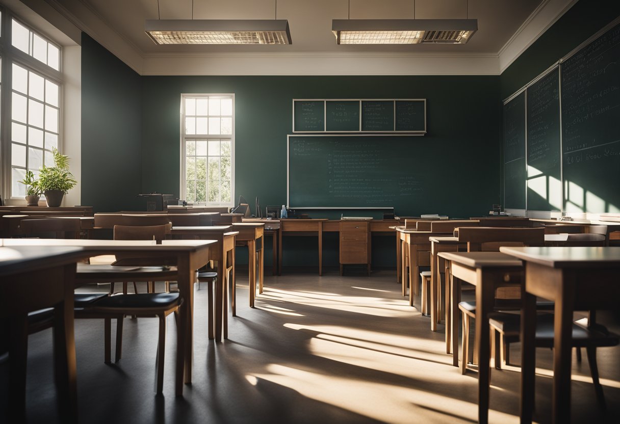 A classroom with a chalkboard, desks, and a teacher's desk at the front. Sunlight streams through the windows, casting shadows on the floor. A sense of order and discipline fills the room