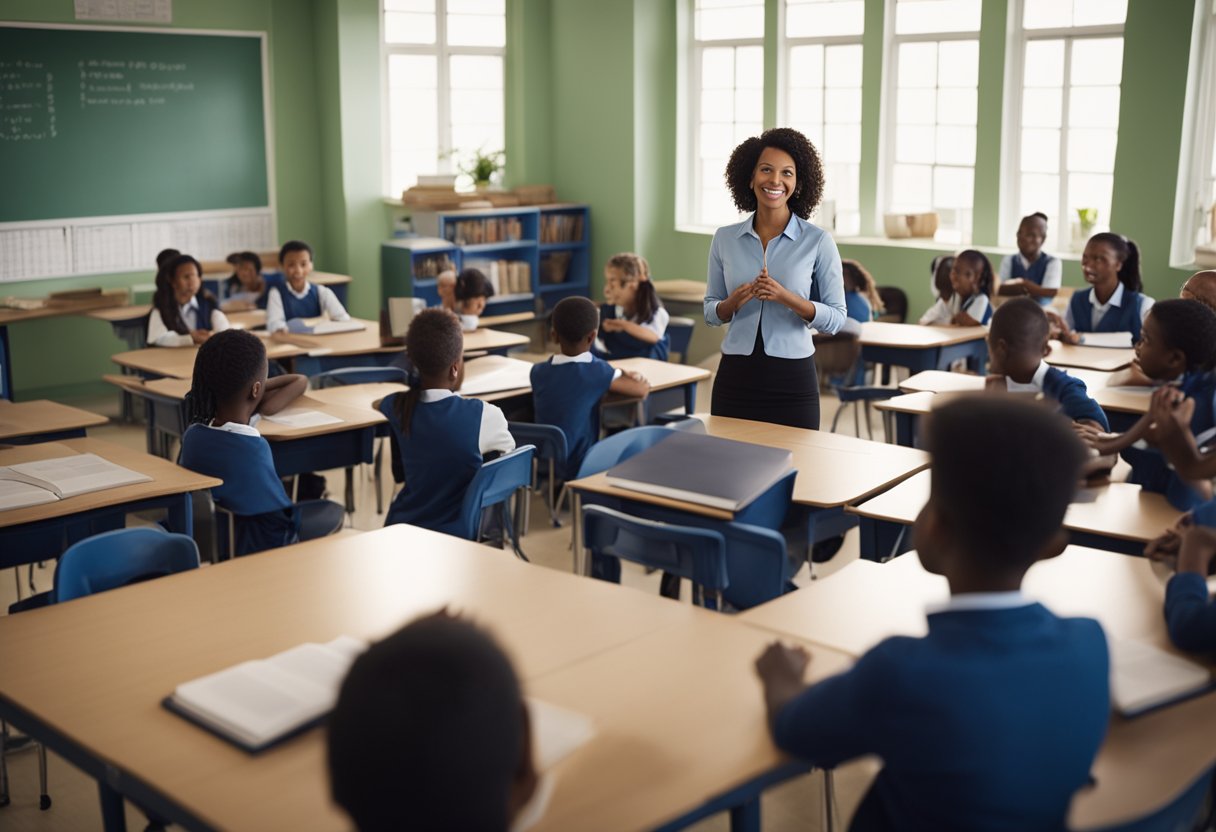 A classroom with a teacher at the front, students engaged. Books and desks are neatly arranged. The teacher is animated, gesturing and speaking passionately