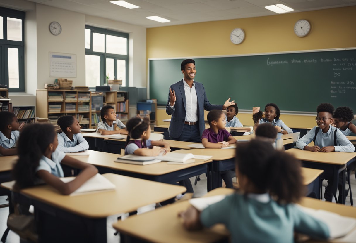 A classroom with a teacher at the front, surrounded by attentive students. The room is filled with books and educational materials, creating an atmosphere of learning and growth