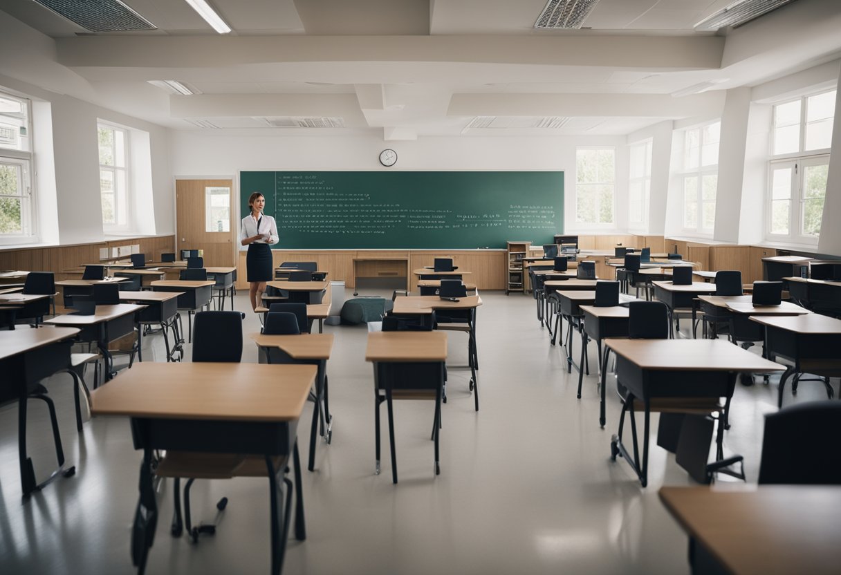 A classroom with a blackboard and desks arranged in rows, a teacher standing at the front, engaging with students. Books and educational materials scattered around the room