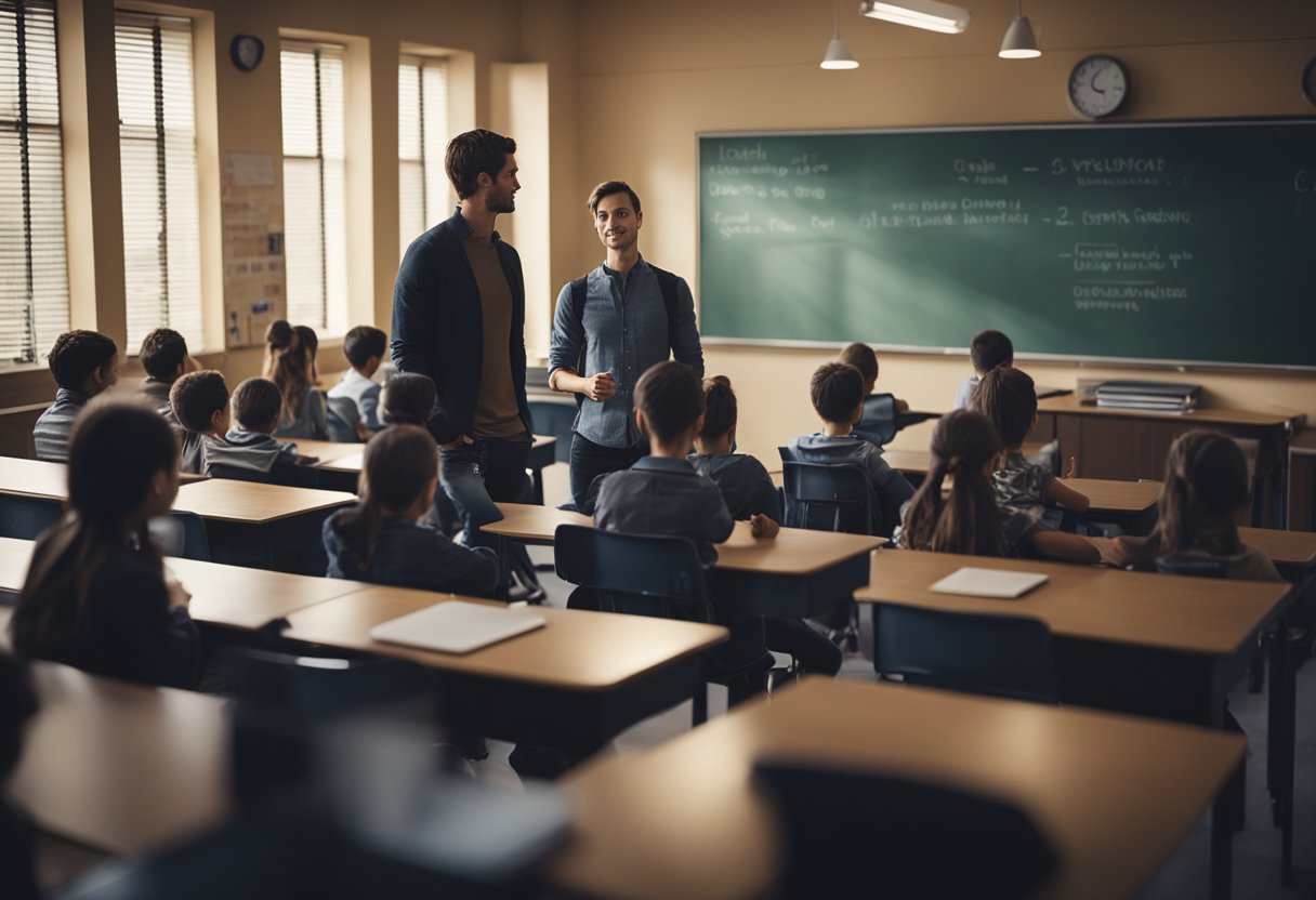 A classroom with a chalkboard and desks, a teacher standing in front, students listening attentively, and a warm, inviting atmosphere