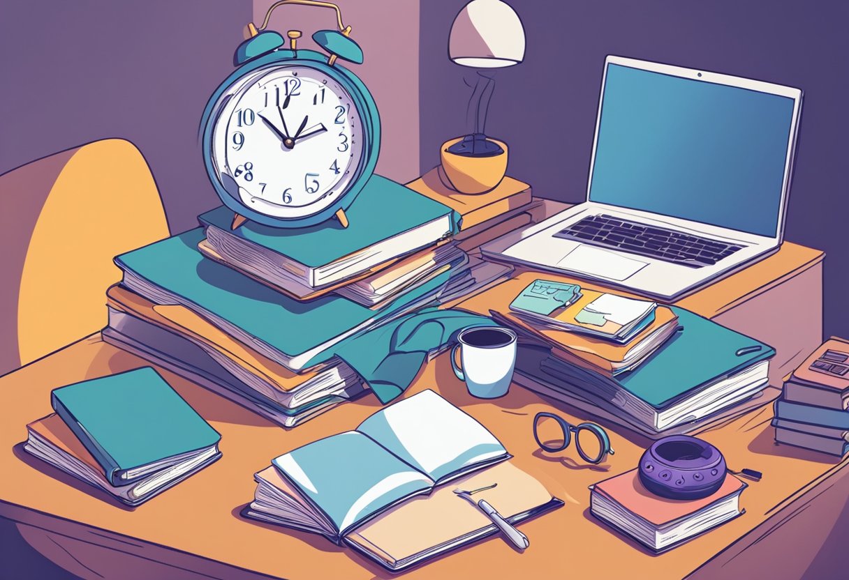 A cluttered desk with textbooks, a laptop, and a stress ball. A clock showing late hours. A person lying awake in bed with eyes wide open