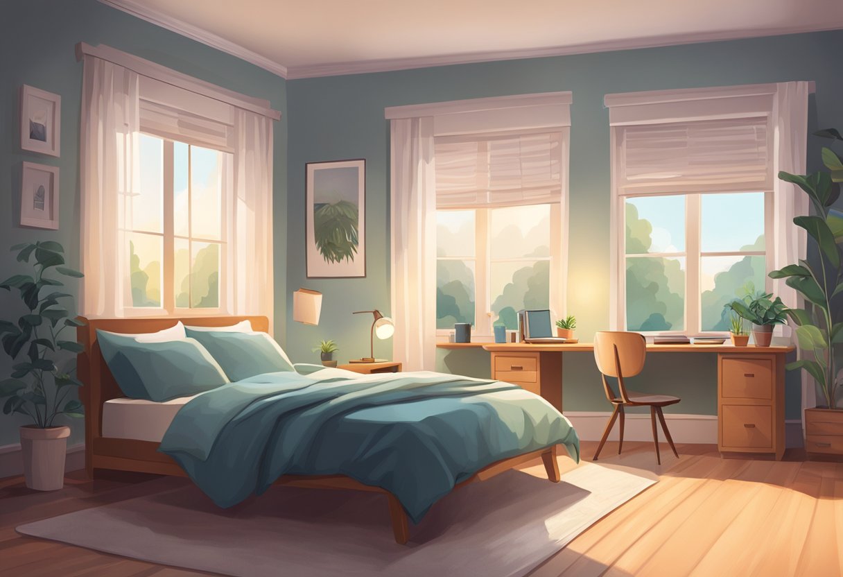 A cozy bedroom with a clutter-free desk, a dimmed lamp, and an open window with fresh air flowing in