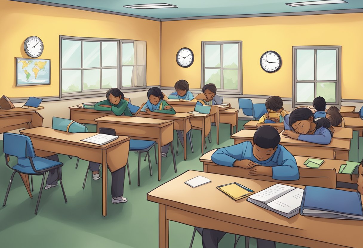 Students sleeping peacefully in a quiet, comfortable classroom setting with dim lighting and cozy seating arrangements. A clock on the wall shows a reasonable start time for the school day