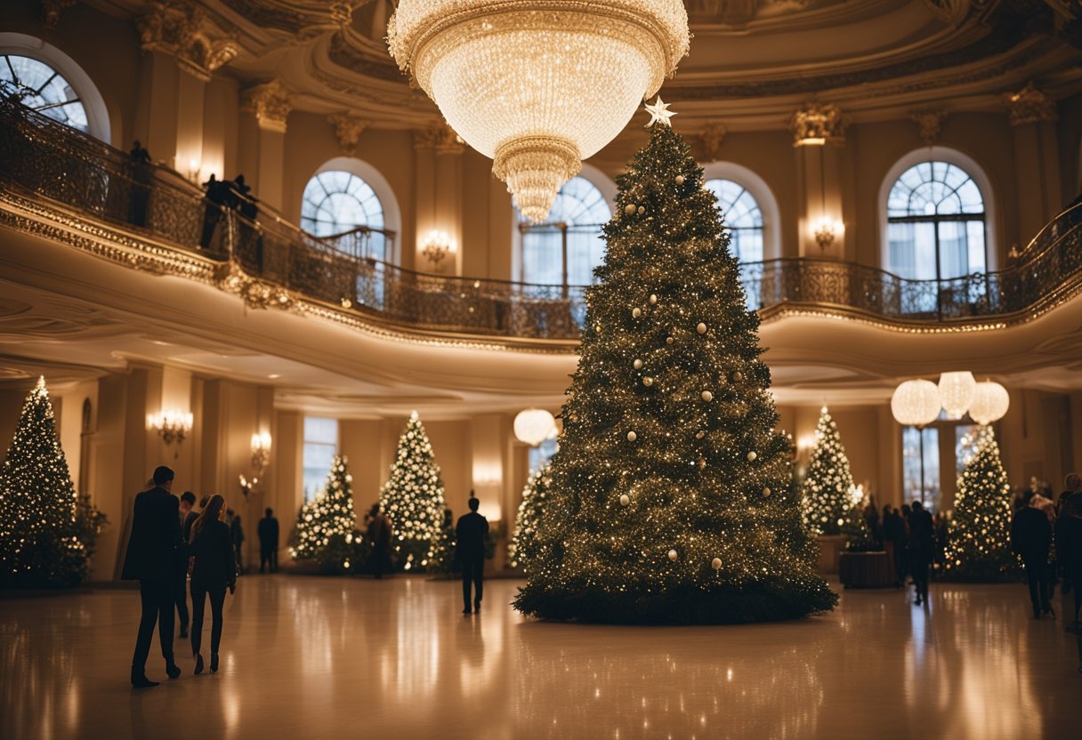 A grand ballroom with ornate decorations and a towering Christmas tree, surrounded by enchanting characters and a sense of holiday magic