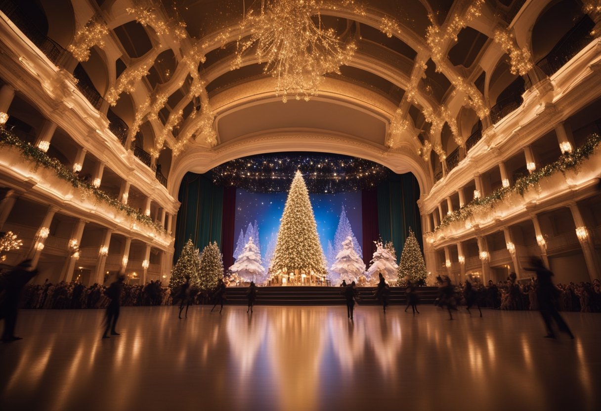 A grand ballroom adorned with twinkling lights and towering Christmas trees, filled with elegant dancers and enchanting music, sets the stage for 'The Nutcracker: The Untold Story.'