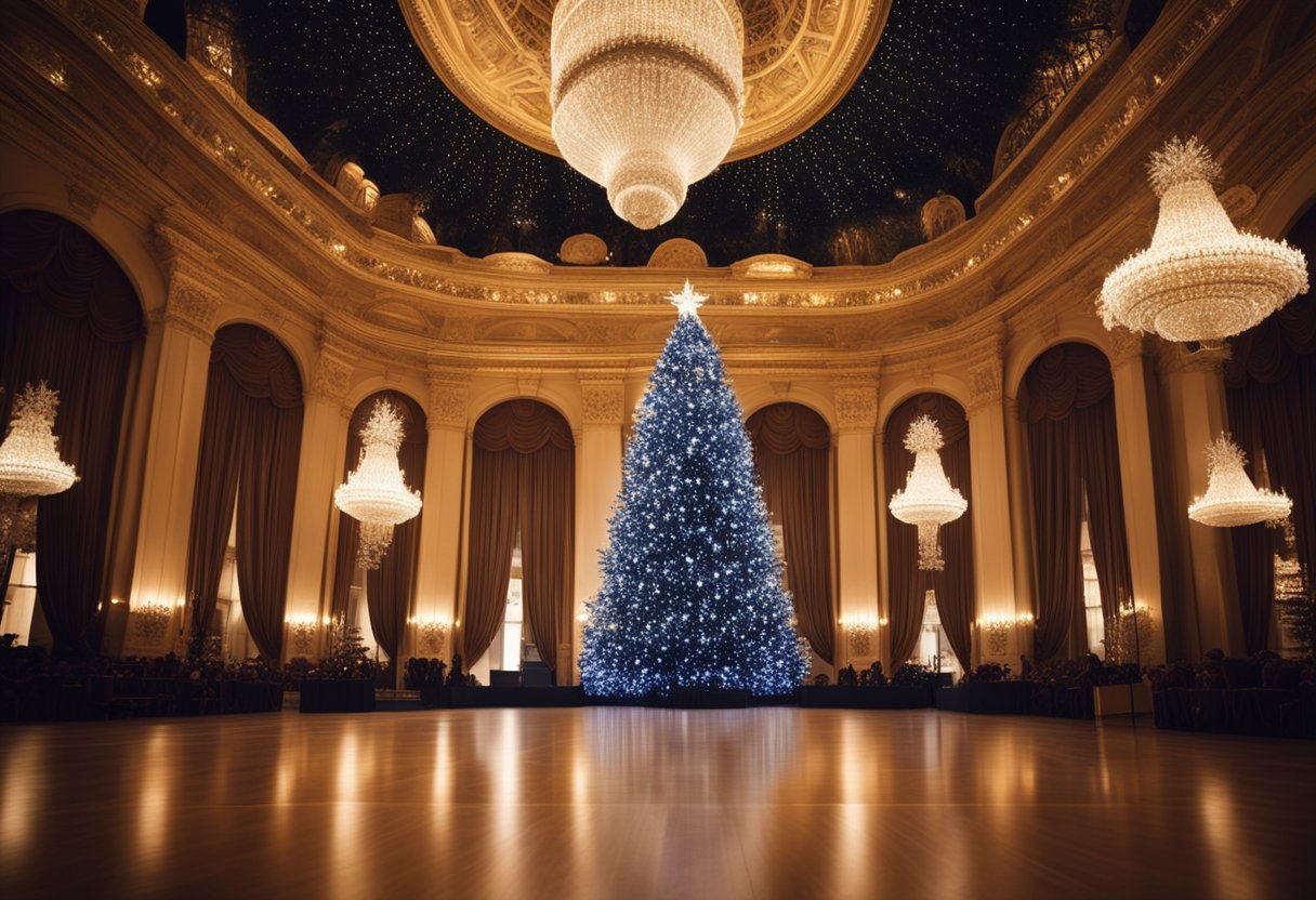 A grand, ornate ballroom with a towering Christmas tree, glittering chandeliers, and a stage set for a magical performance